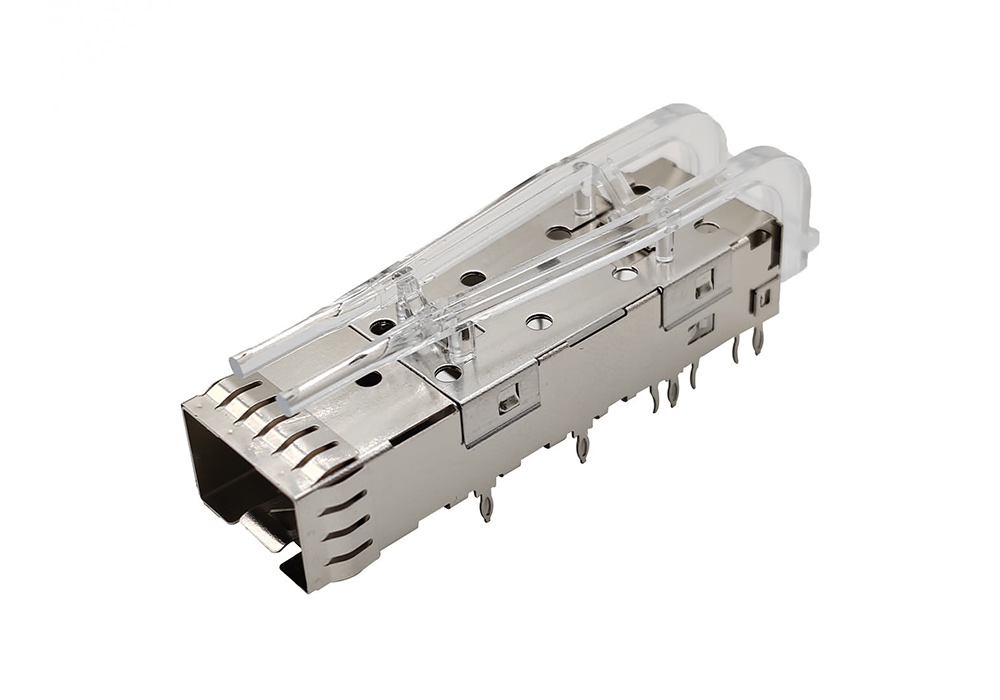 Single layer SFP+10G fiber cage crimping type 1 * 1 single port with high light guide column, with three small feet in the middle